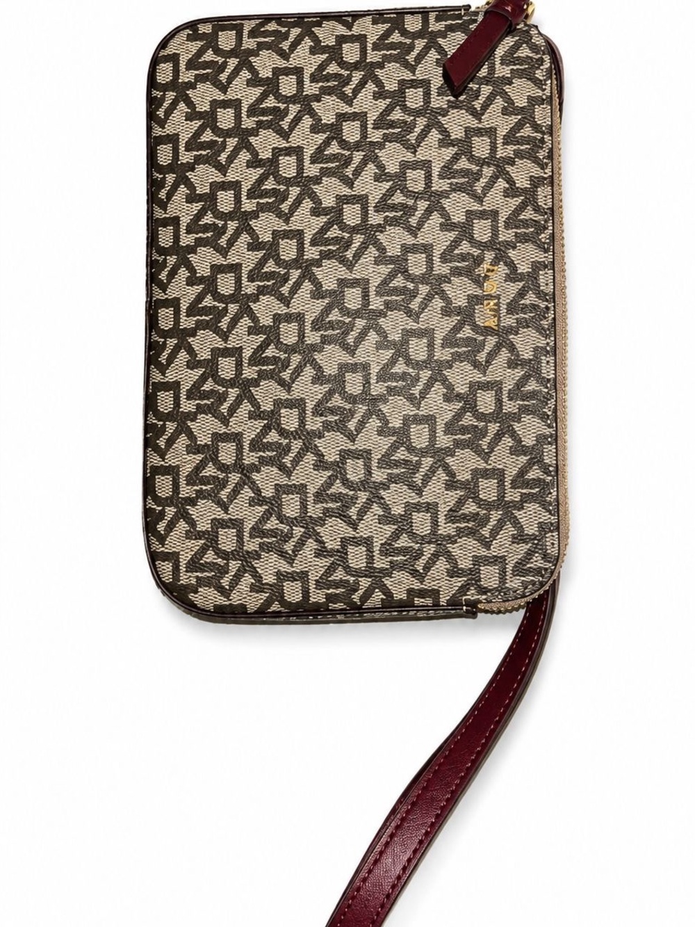 DKNY Monogram Zip Wristlet in Brown and Cream with Burgundy Strap